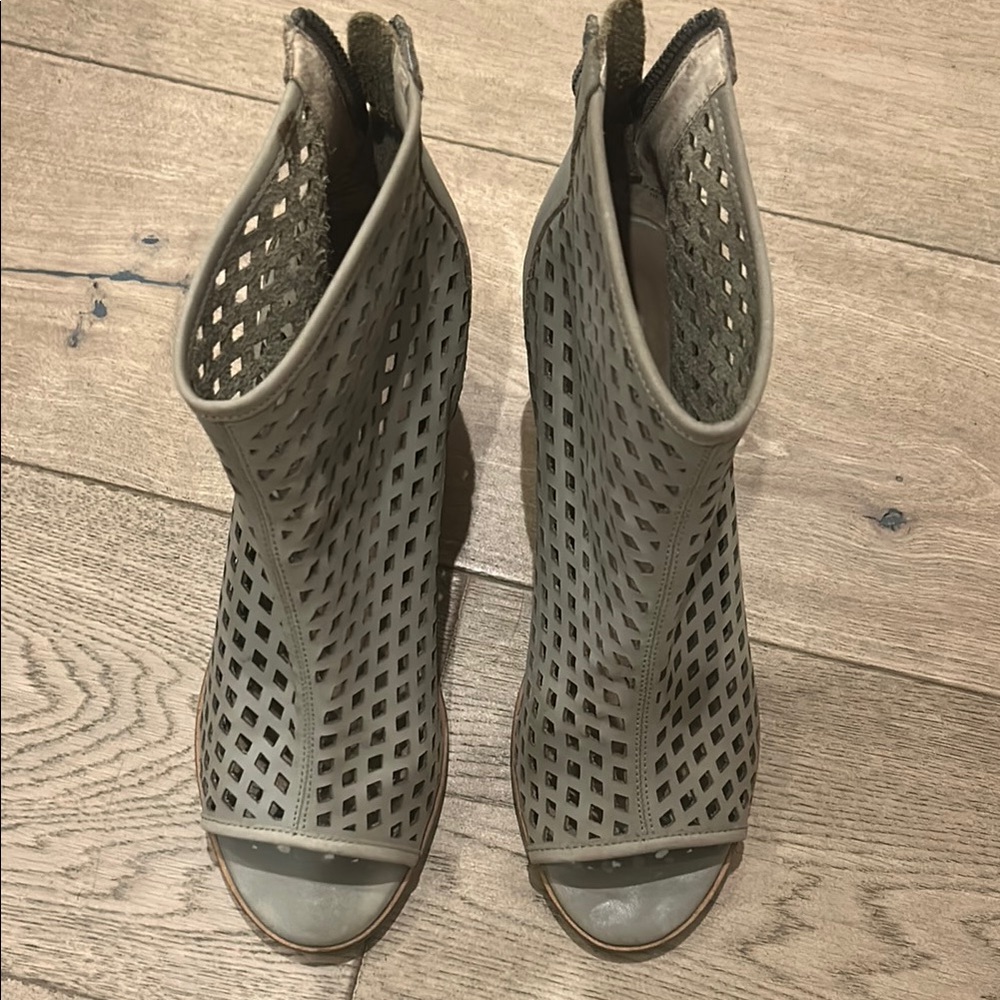 Kelsi Dagger Gray Heeled Boots with Perforated Design